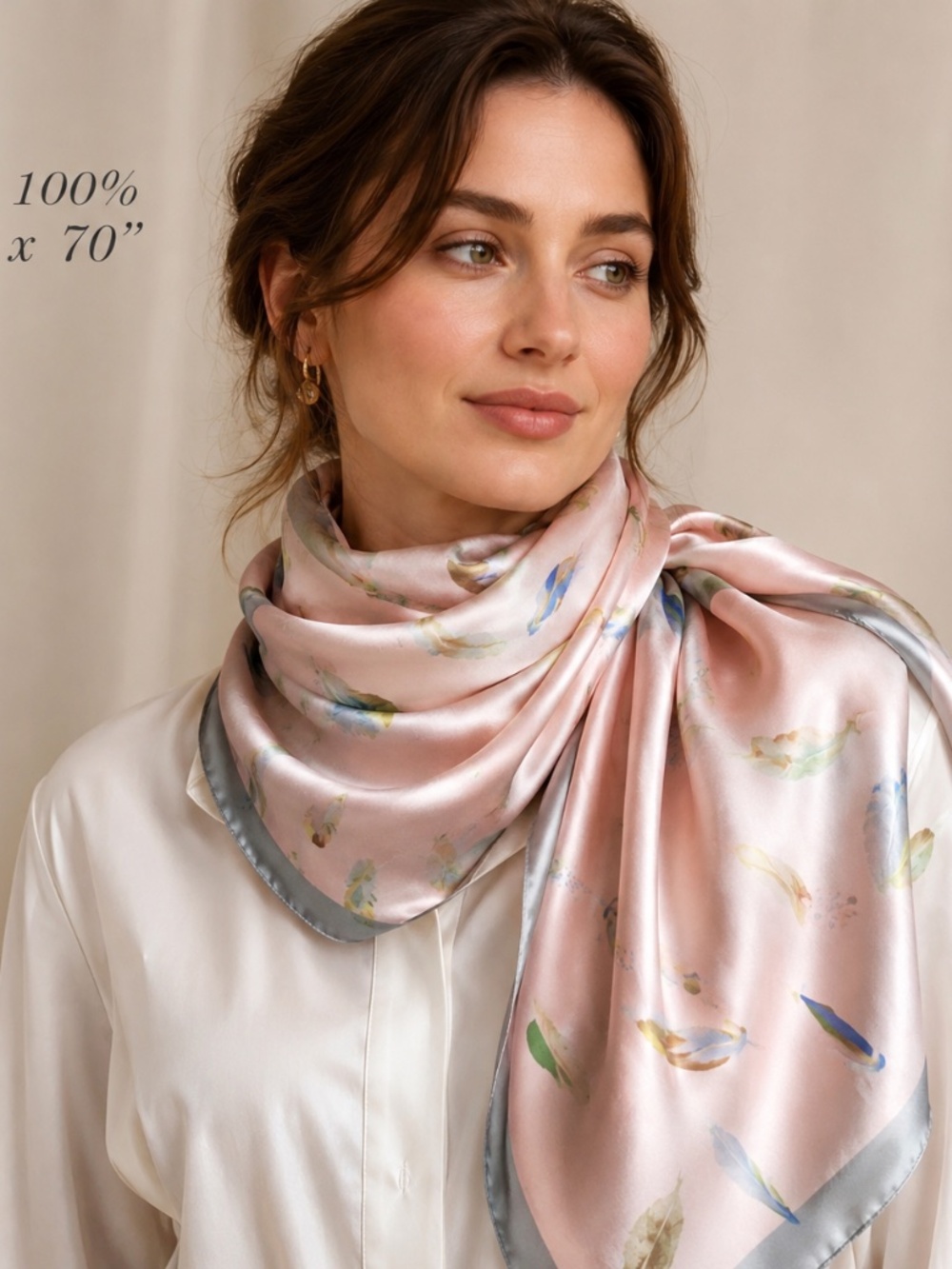 Silk Scarf -  Pink Feather Print  Shawl Wrap 36" x 70" silk 100%